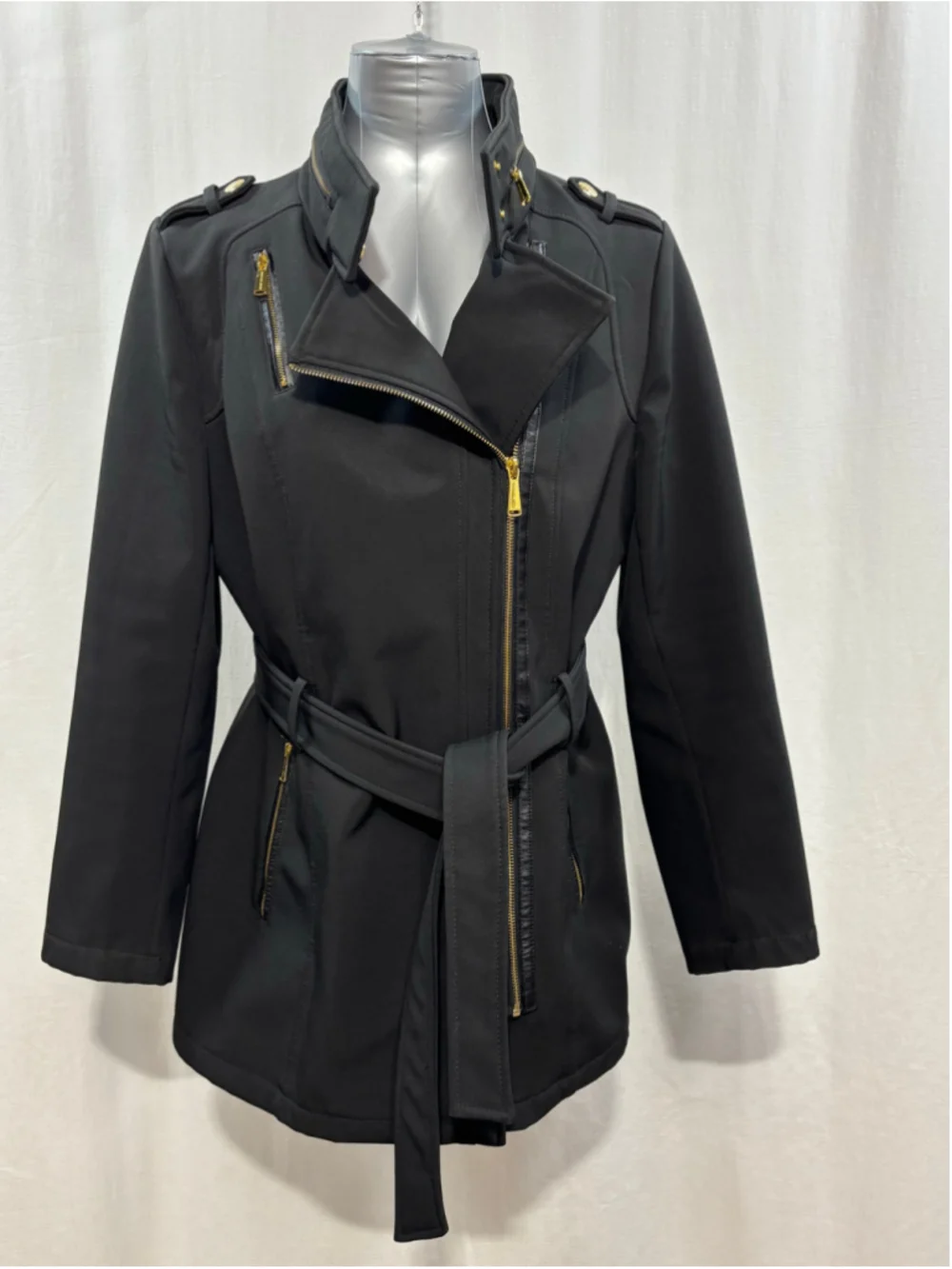 Women's Michael Kors Asymmetrical Belted Softshell Jacket – Black/Gold Size L
